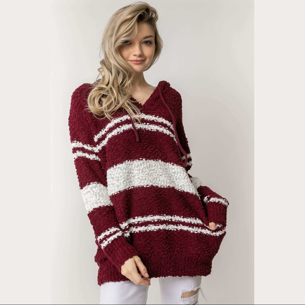 Burgundy & White Striped Popcorn Hoodie - Picture 4 of 5